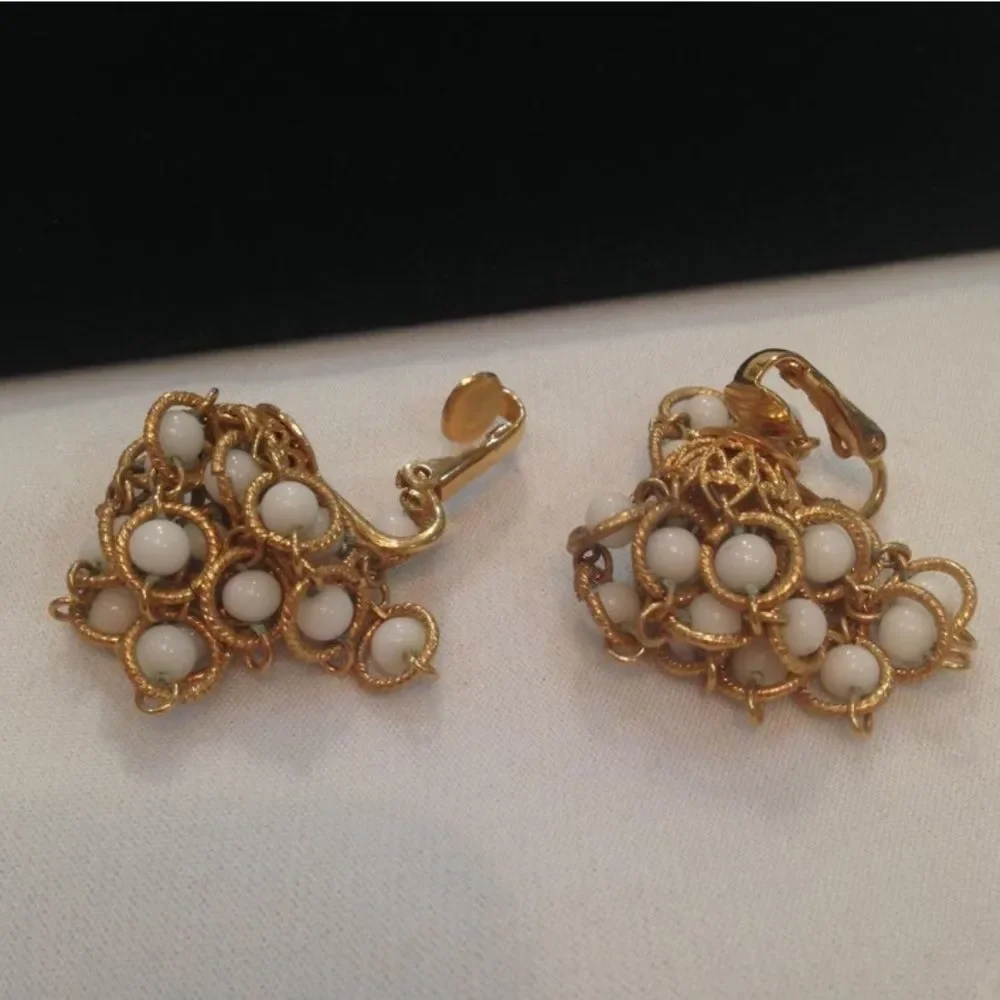 Vintage Gold And White Bead Cluster Earrings